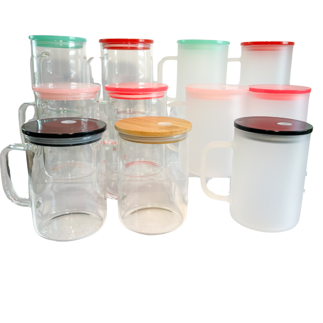 17 Ounce Clear and Frosted Circular Glass Mugs with Colored Lids and Plastic Straw Blanks