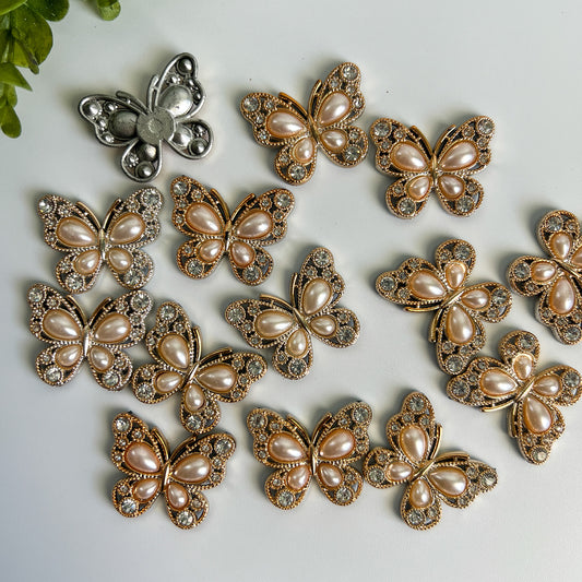 Rhinestoned Pearl Butterflies Flat Back Charms 5 pcs