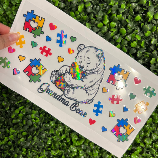 #259 Grandma Bear Autism Awareness Holographic UVDTF WRAPS