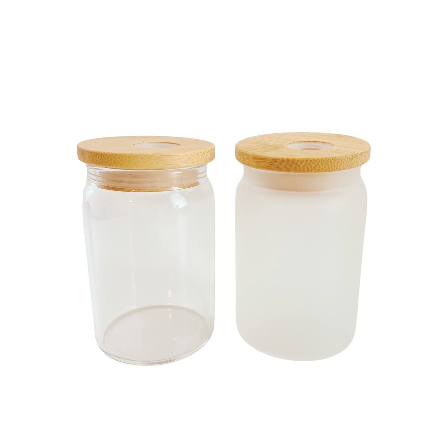 3.5 Ounce Mini Frosted and Clear Glass Can with Bamboo Lid and Metal Straw Cup Blanks