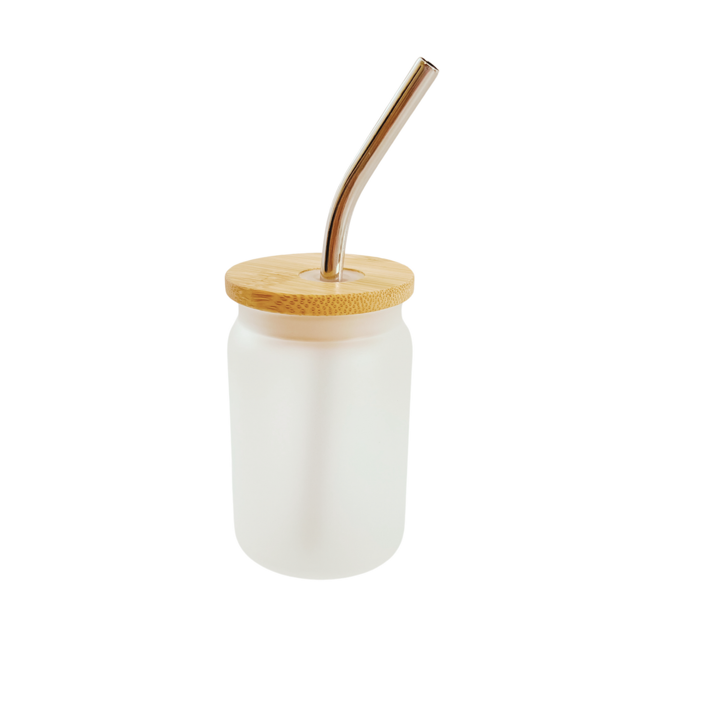 3.5 Ounce Mini Frosted and Clear Glass Can with Bamboo Lid and Metal Straw