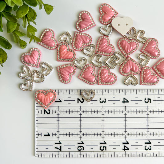 Pink and Silver Rhinestone Hearts Flat Back Charms Mixed 8 pcs