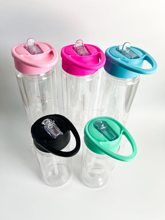 DISCOUNTED 10 Ounce Pre Drilled Clear Acrylic Cup with Colored Lids & Built in Straw