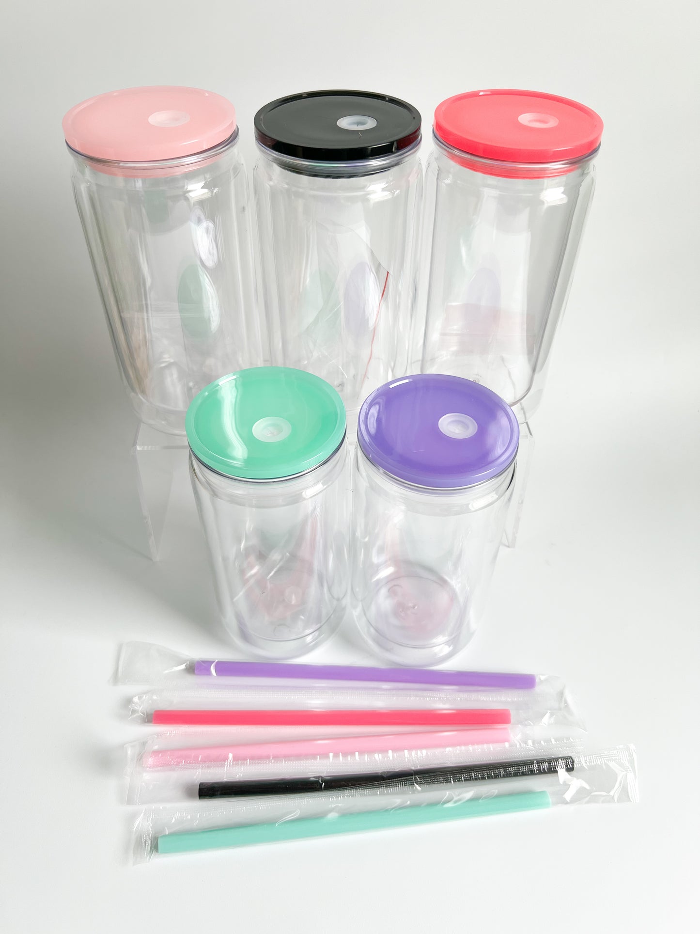 12 Ounce Pre Drilled Clear Acrylic Cup with Colored Lids & Straws