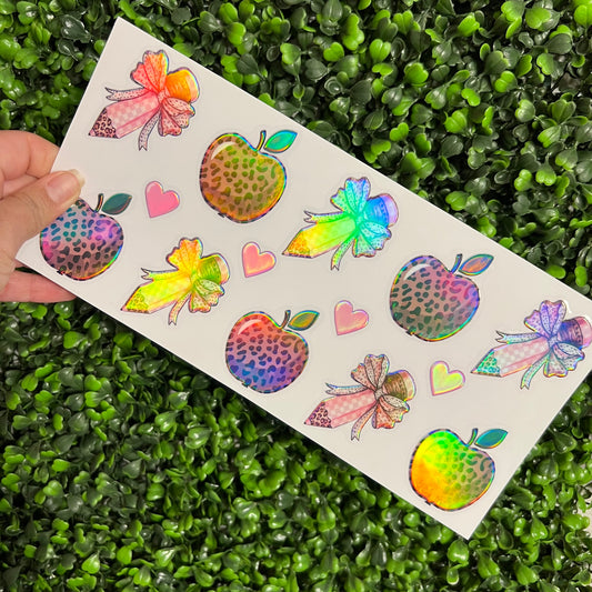 E2 Cheetah Apples and Pencils Teacher Holographic UVDTF WRAPS