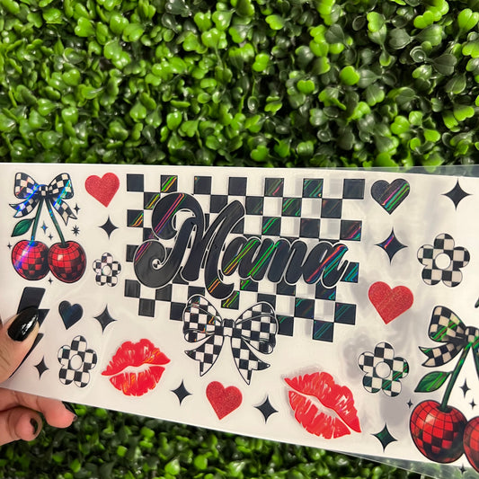A18 Mama Checkered Cherries Red and Black Holographic UVDTF WRAPS