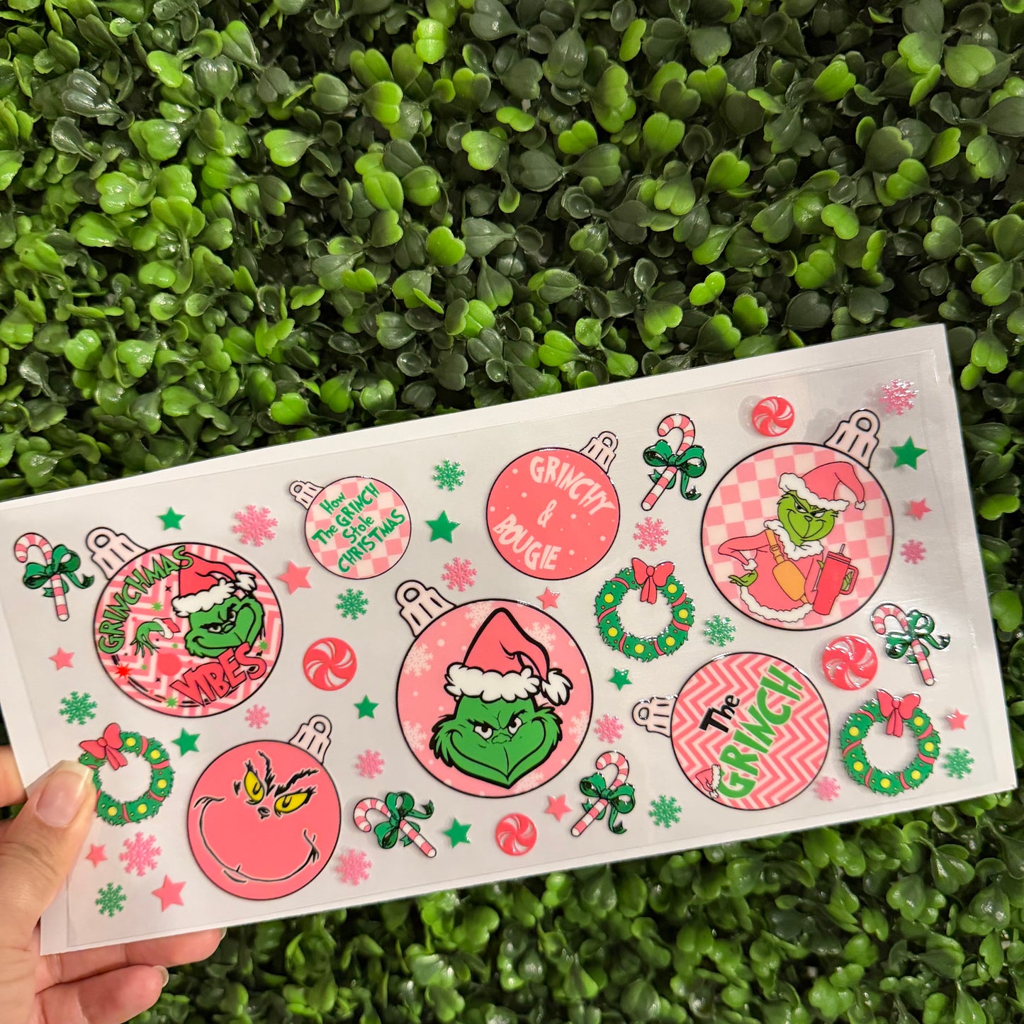Y43 Pink Ornaments Green Guy Single Sided UVDTF WRAPS
