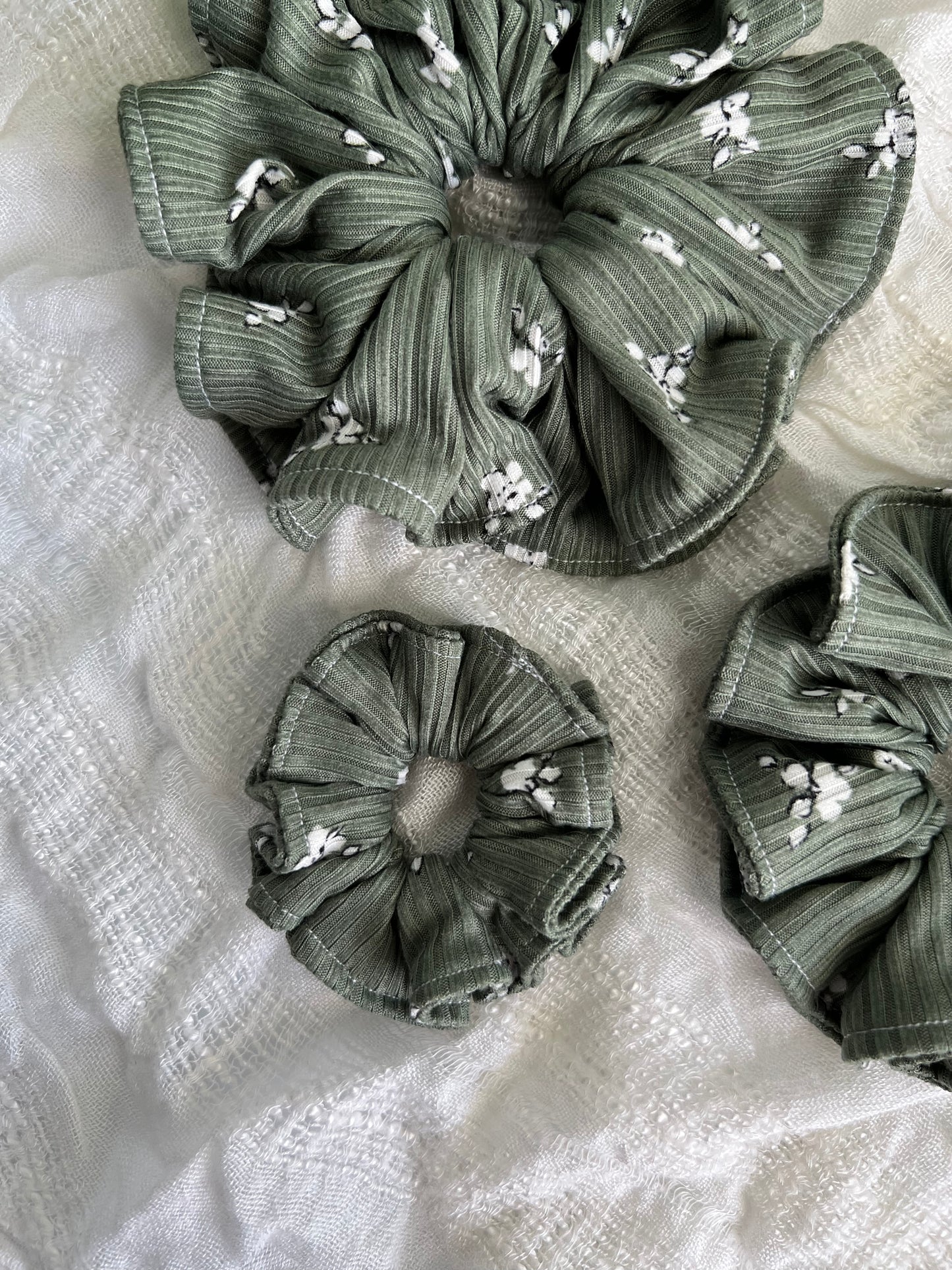 White Flowers on Green Scrunchies