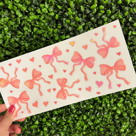 K10 Coral Pink Bows and Hearts Holographic UVDTF WRAPS