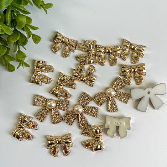 Gold Bows Rhinestone Pearl Flat Back Charms Mixed 4 pcs