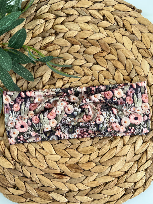 Faux Embroidery Pink Florals Turban Headbands