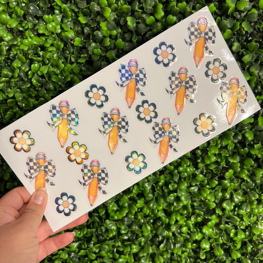 E3 Checkered Apples and Pencils Teacher Holographic UVDTF WRAPS