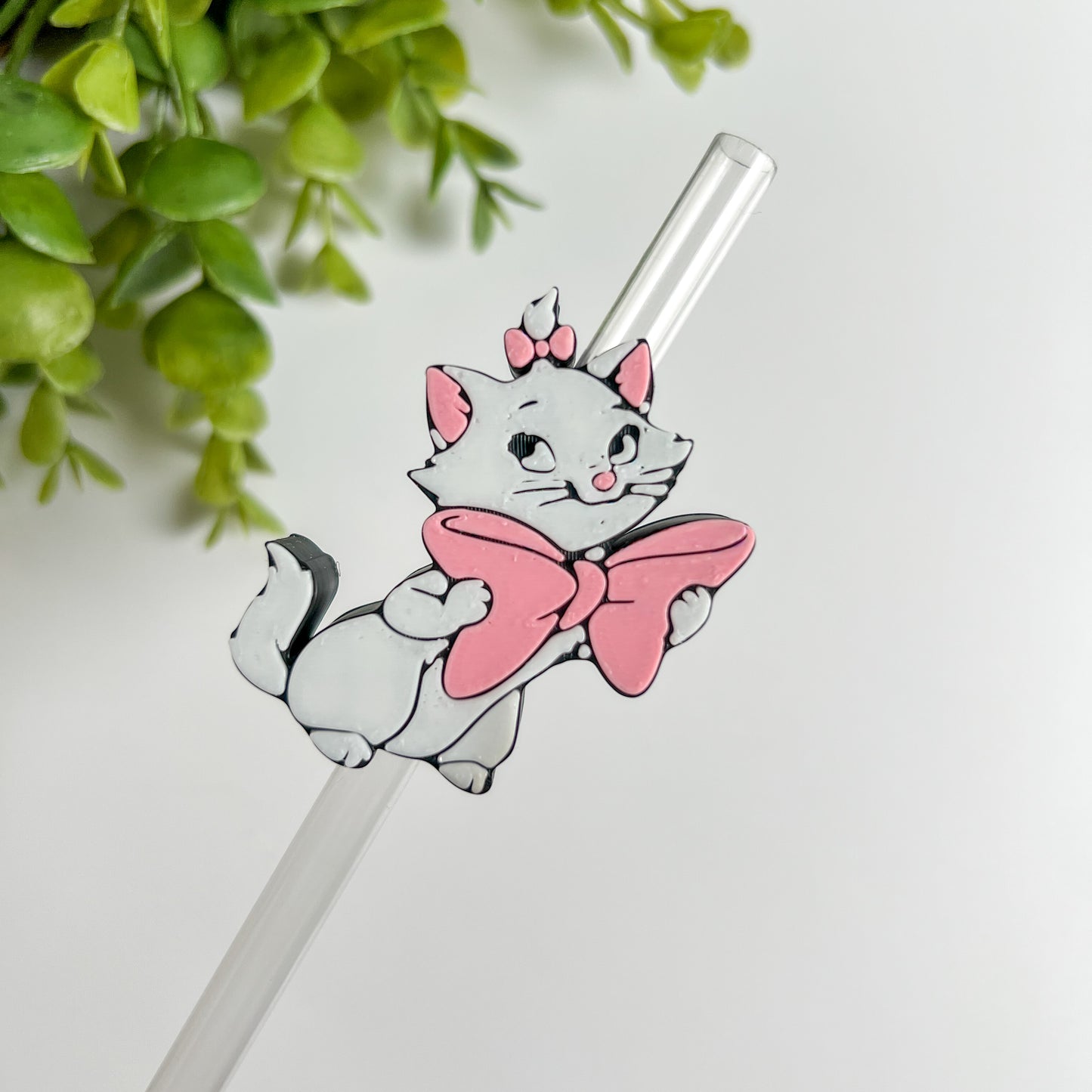 White Cat with Bow Straw Topper