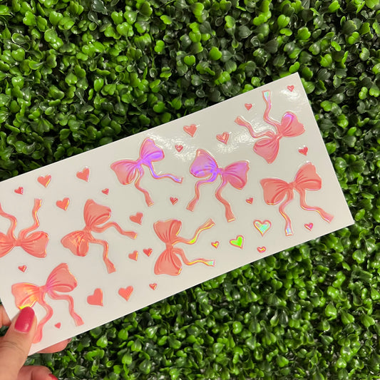 K10 Coral Pink Bows and Hearts Holographic UVDTF WRAPS