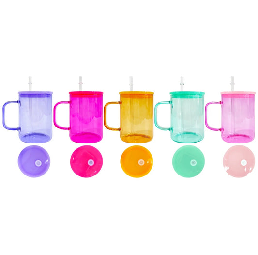 17 Ounce Glass Jelly Circular Mugs with Colored Lids and Plastic Straw Blanks