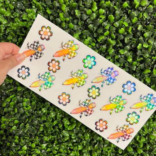 E3 Checkered Apples and Pencils Teacher Holographic UVDTF WRAPS
