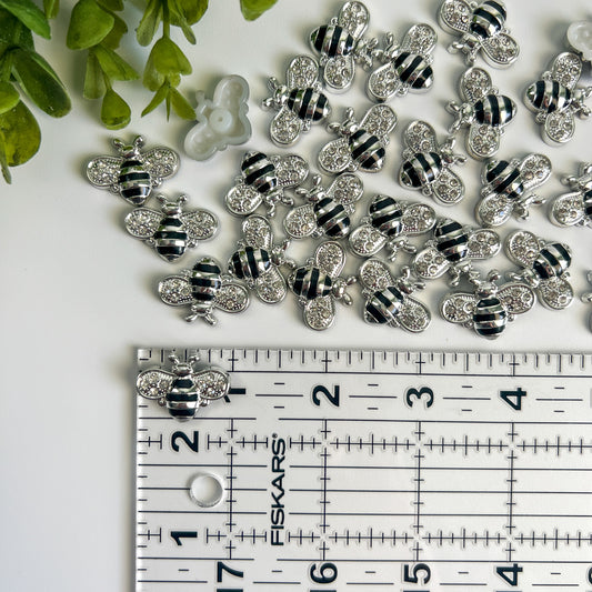 Rhibestobe Bee Silver and Black Flat Back Charms 10 pcs
