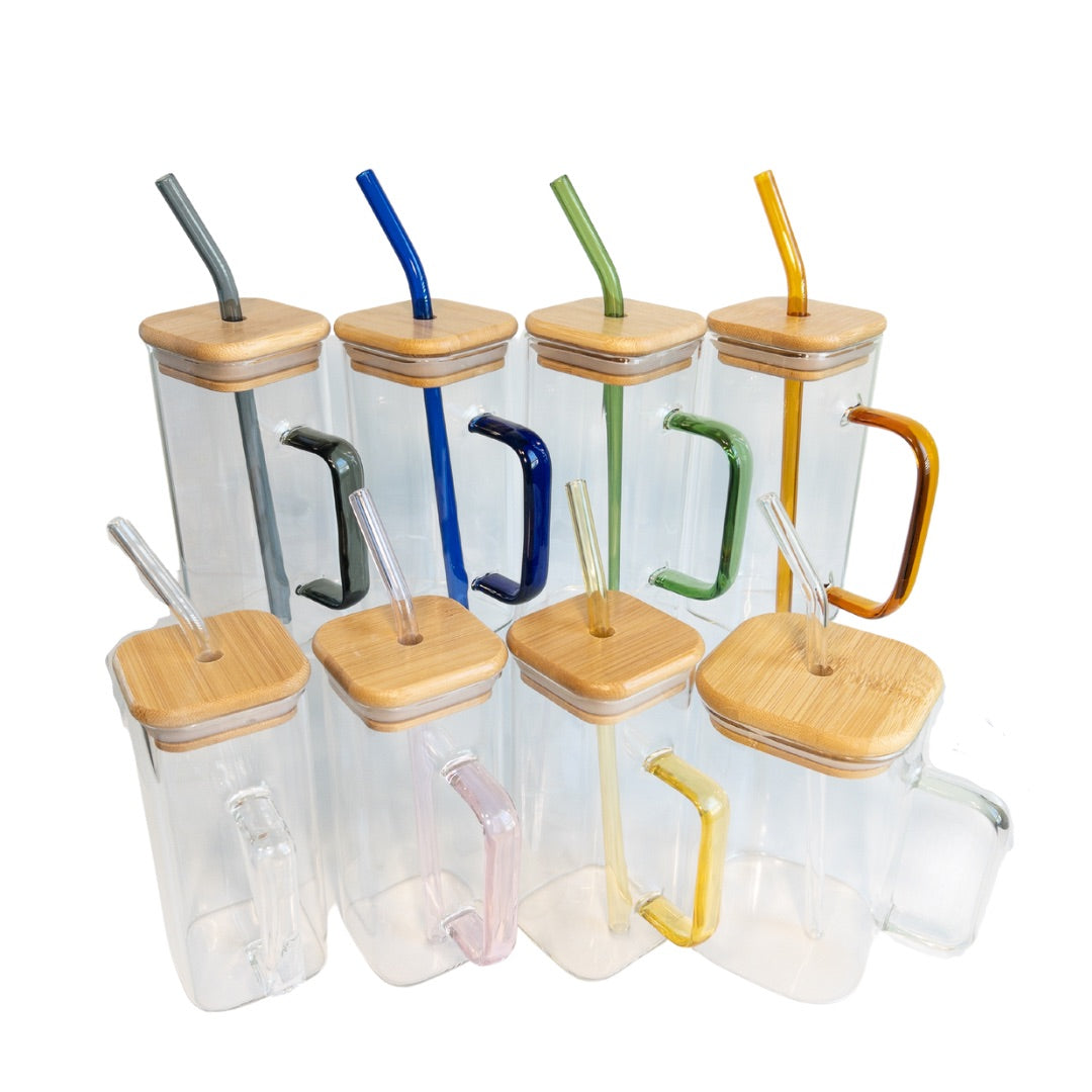 Squared Glass Mug with Bamboo Lid and Glass Straw Cup Blanks