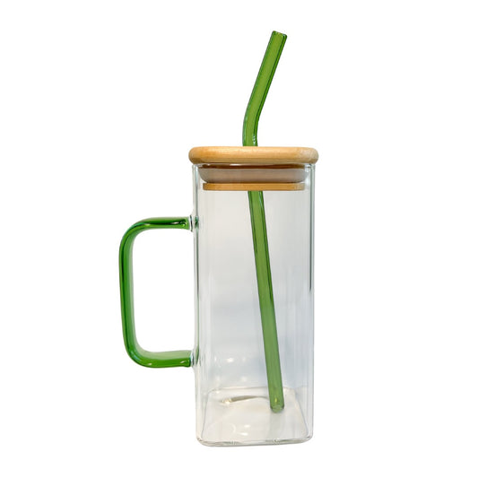 Squared Glass Mug with Bamboo Lid and Glass Straw Blanks