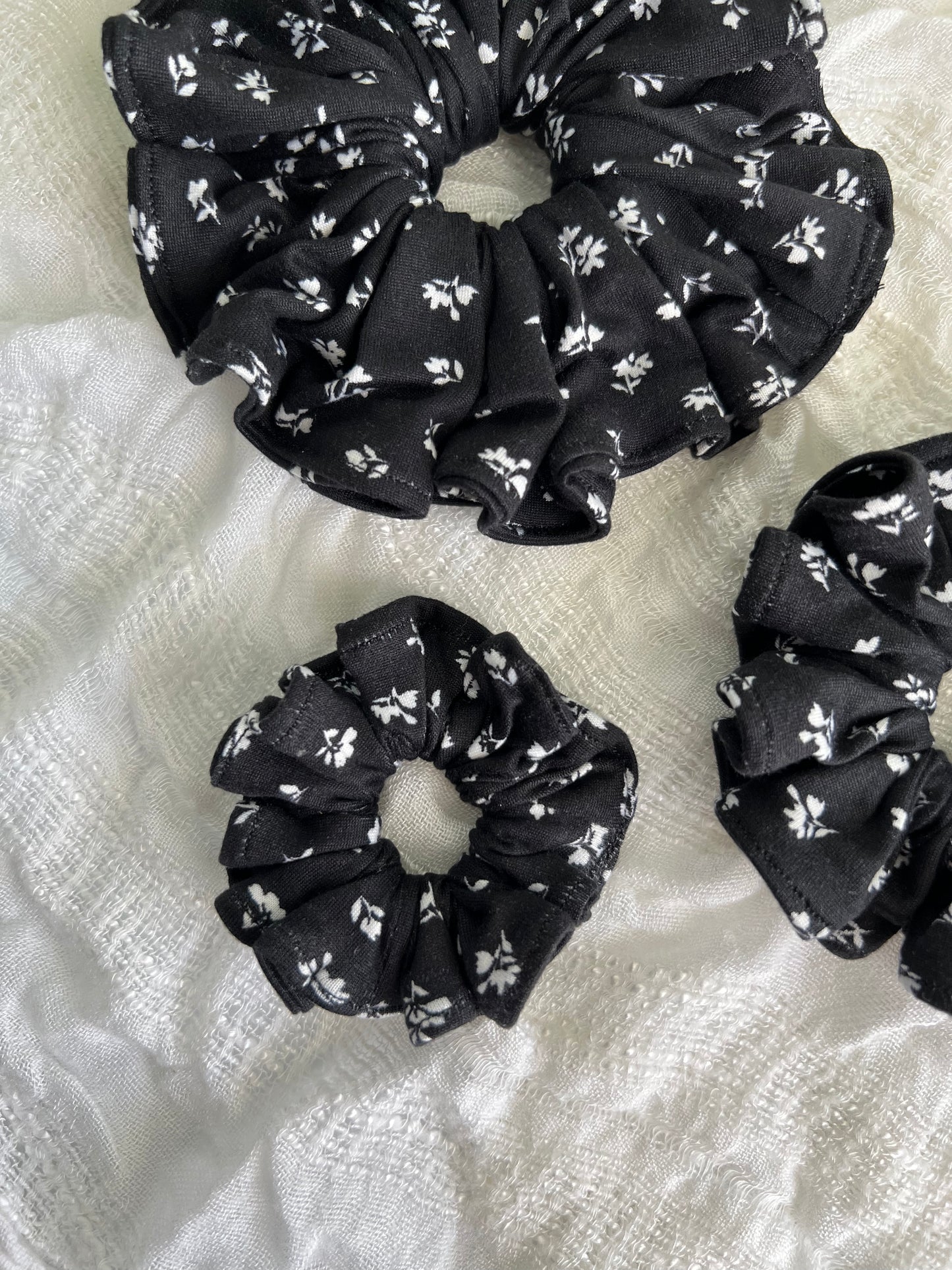 White Floral on Black Scrunchies