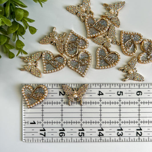 Heart and Butterfly Rhinestone Flat Back Charms Mixed 4 pcs