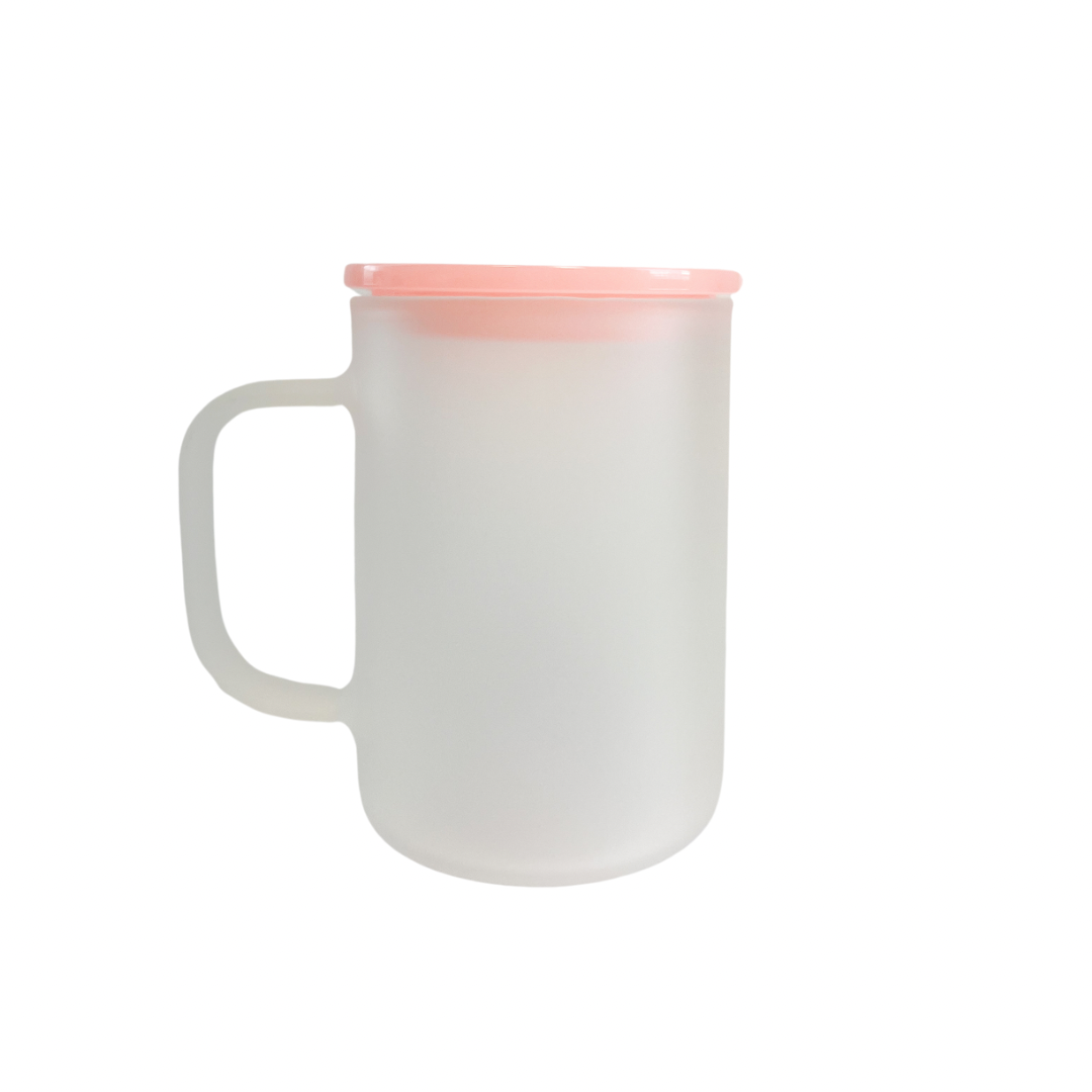17 Ounce Clear and Frosted Circular Glass Mugs with Colored Lids and Plastic Straw Blanks
