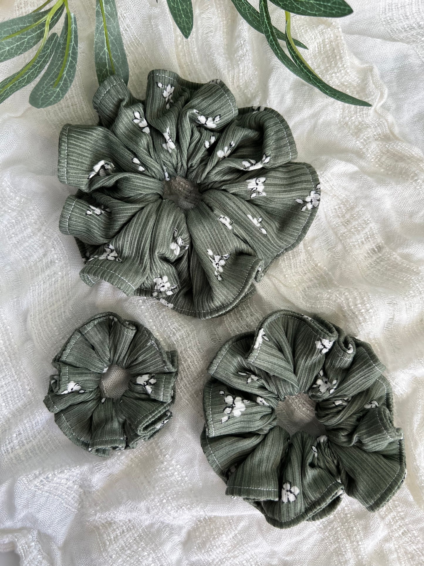 White Flowers on Green Scrunchies
