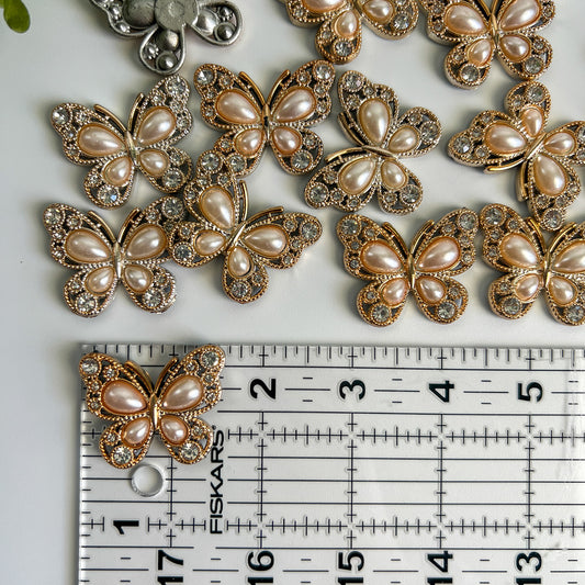 Rhinestoned Pearl Butterflies Flat Back Charms 5 pcs