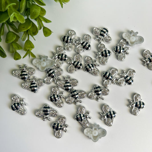 Rhibestobe Bee Silver and Black Flat Back Charms 10 pcs
