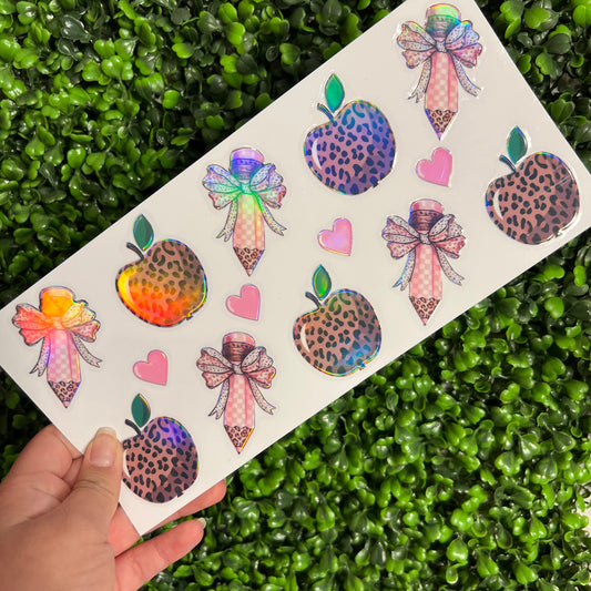 E2 Cheetah Apples and Pencils Teacher Holographic UVDTF WRAPS