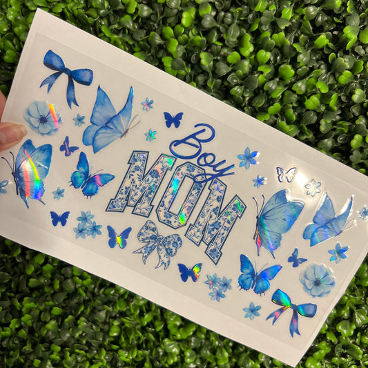 #270 Boy Mom Blue Floral Butterflies Holographic UVDTF WRAPS