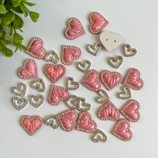 Pink and Silver Rhinestone Hearts Flat Back Charms Mixed 8 pcs