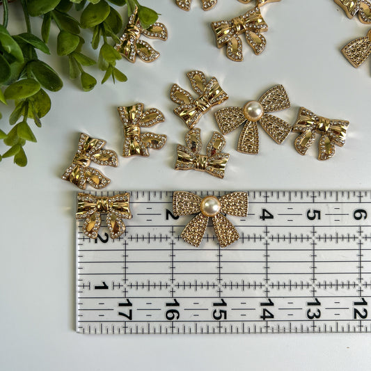 Gold Bows Rhinestone Pearl Flat Back Charms Mixed 4 pcs