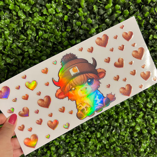 M8 Cow Brown Hearts Holographic UVDTF WRAPS