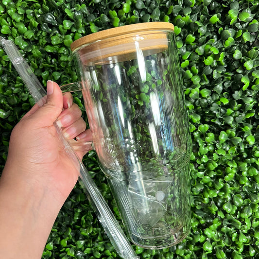 Glass Snow Globe Tumbler 32 oz Double Walled with PreDrilled Hole with Bamboo Lid and Straw