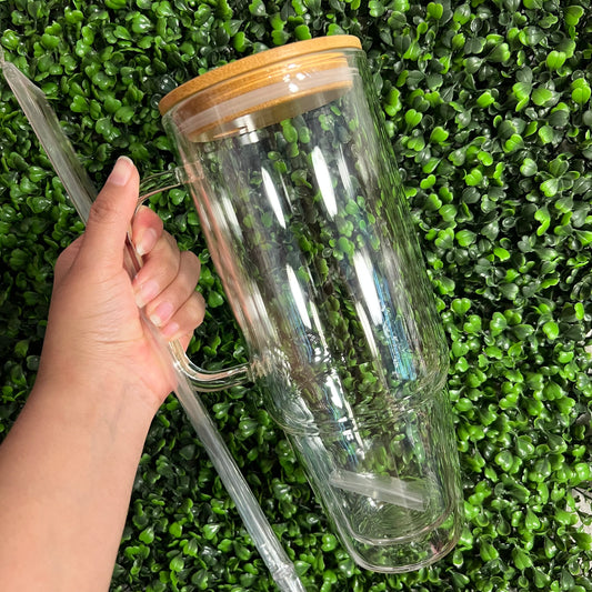 Glass Snow Globe Tumbler 40 oz Double Walled with PreDrilled Hole with Bamboo Lid and Straw