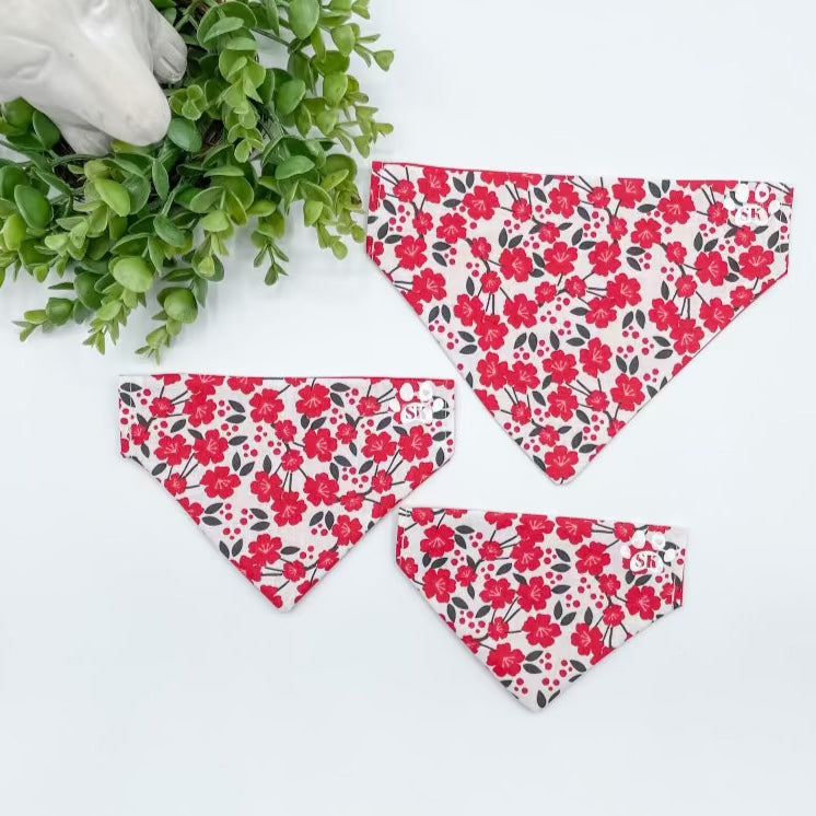 Red Floral Dog Bandana Over The Collar