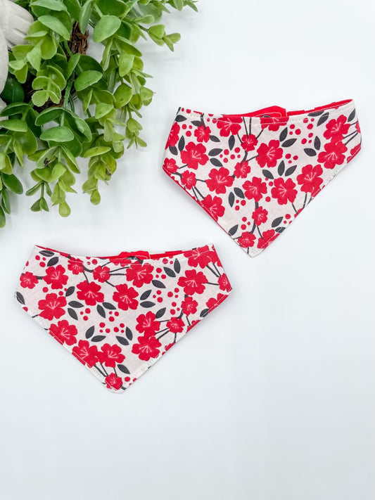 Red Floral Dog Bandana with Snap Ons