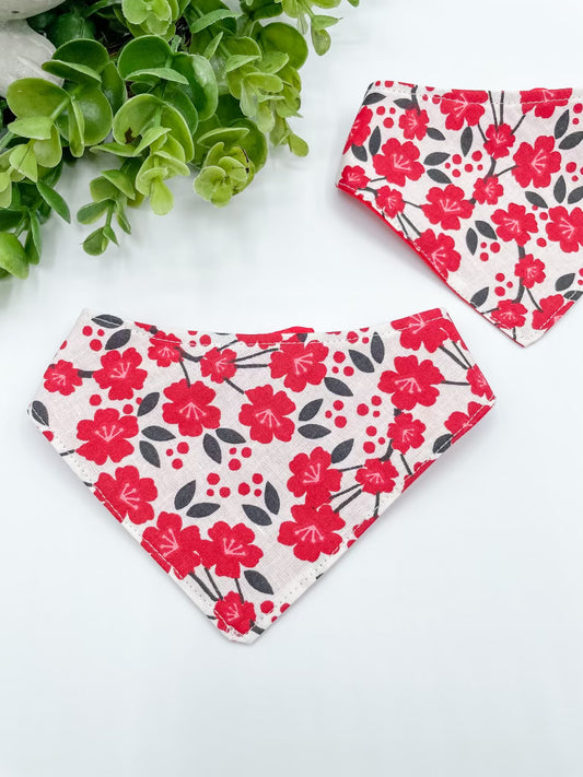Red Floral Dog Bandana with Snap Ons