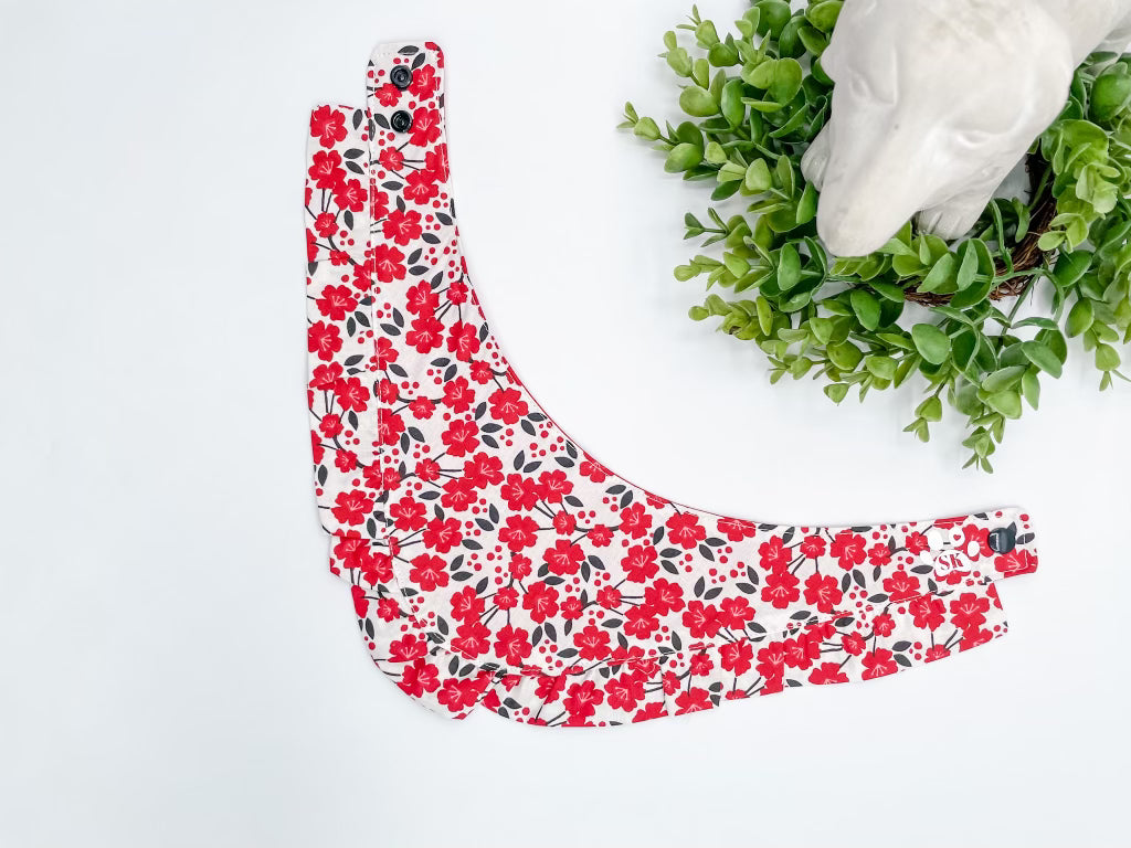 Red Floral Dog Bandana Ruffles with Snap Ons