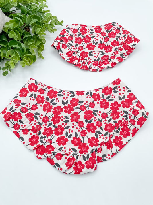 Red Floral Dog Bandana Ruffles with Snap Ons