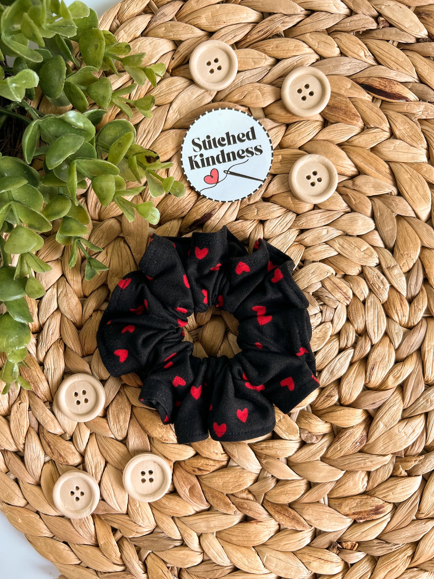 Red Hearts on Black- Scrunchies