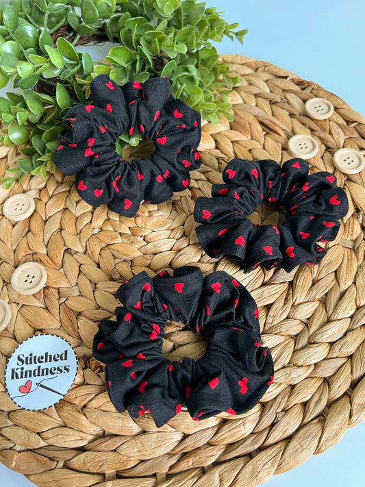 Red Hearts on Black- Scrunchies